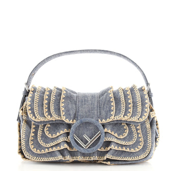 Fendi Kan I F Baguette Bag Embroidered Ruffled Denim