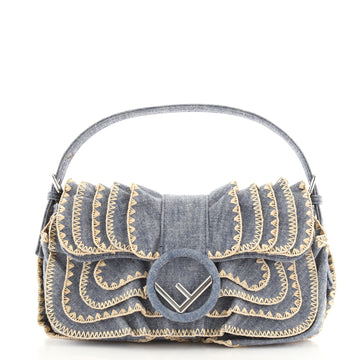 Fendi Kan I F Baguette Bag Embroidered Ruffled Denim