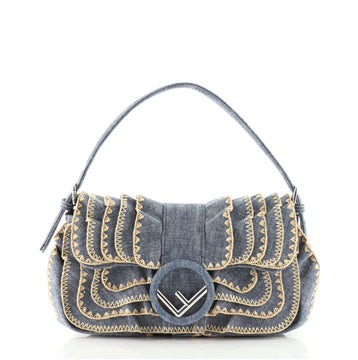 Fendi Kan I F Baguette Bag Embroidered Ruffled Denim