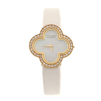 Van Cleef & Arpels Alhambra Quartz Watch White Gold and Satin with Diamond Bezel and Mother of Pearl 26