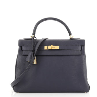 Hermes Kelly Handbag Blue Clemence with Gold Hardware 32