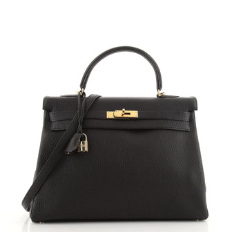 Hermes Kelly Handbag Black Fjord with Gold Hardware 35