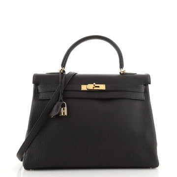 Hermes Kelly Handbag Black Fjord with Gold Hardware 35