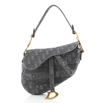 Christian Dior Saddle Handbag Logo Embroidered Oblique Canvas Medium