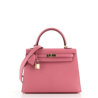 Hermes Kelly Handbag Pink Chevre Chandra with Gold Hardware 25