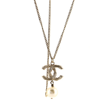Chanel CC Drop Pendant Necklace Metal with Faux Pearl and Rhinestone