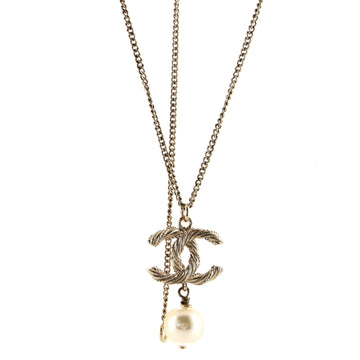 Chanel CC Drop Pendant Necklace Metal with Faux Pearl and Rhinestone
