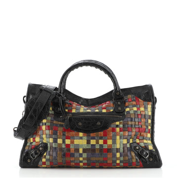 Balenciaga City Classic Studs Bag Woven Crocodile Embossed Leather Medium