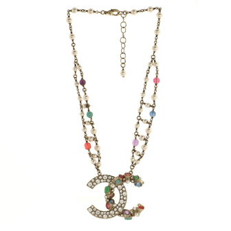 Chanel CC Double Chain Pendant Necklace Crystal Embellished Metal with Gripoix, Faux Pearl and Beads