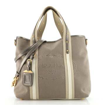 Prada Logo Convertible Tote Canvas with Studded Leather Large