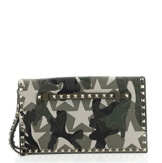 Valentino Rockstud Flap Clutch Camo Leather and Canvas