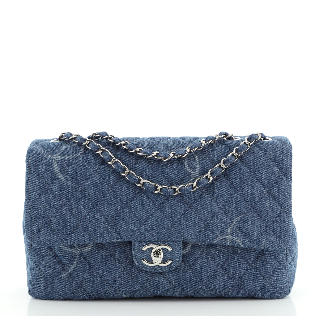 Chanel Classic Single Flap Bag Quilted CC Printed Denim Jumbo Blue 810521