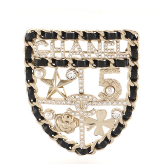 Chanel Sergeant Shield Brooch Metal and Leather with Faux Pearls and Crystals