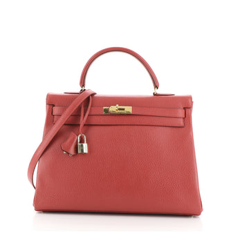 Hermes Kelly Handbag Red Ardennes with Gold Hardware 35