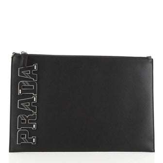 Prada Logo Pouch Saffiano Leather with Applique Large