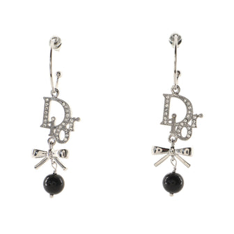 Christian Dior Vintage Ribbon Drop Hook Earrings Crystal Embellished Metal with Bead