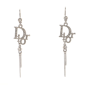 Christian Dior Vintage Logo with Dangling Chain Hook Earrings Crystal Embellished Metal