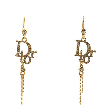 Christian Dior Vintage Logo with Dangling Chain Hook Earrings Crystal Embellished Metal