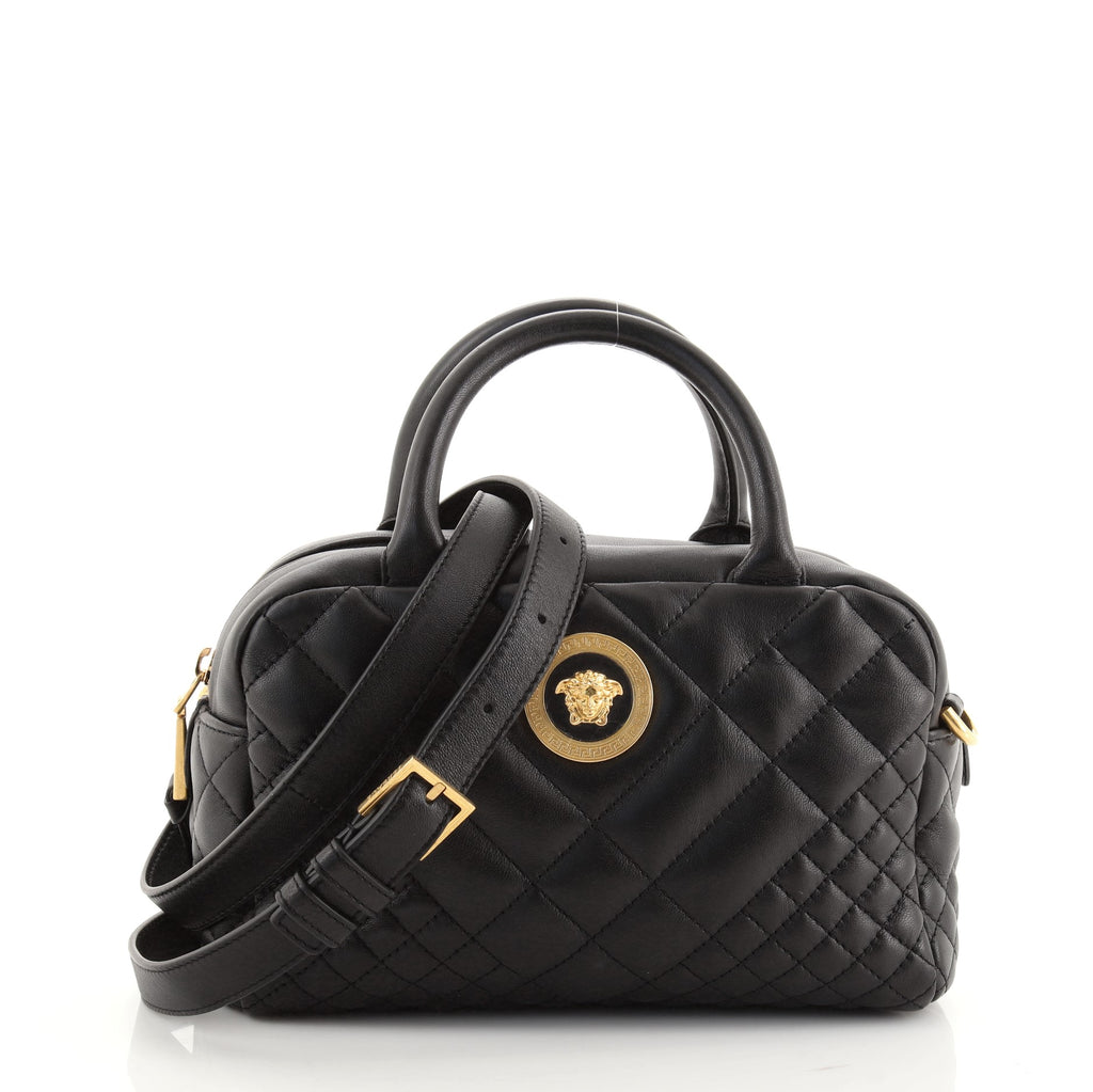 Versace Black Baroque Print Quilted Leather Icon Medusa Bowler Bag Versace