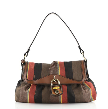 Fendi Chef Lock Flap Bag Striped Canvas and Leather Medium