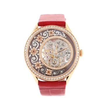 Vacheron Constantin Metiers D'art Fabuleux Ornements French Lace Manual Watch Rose Gold and Alligator with Diamonds, Red Sapphires and Enamel 37