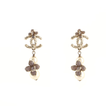 Chanel CC Flower Drop Earrings Metal with Faux Pearls and Beads