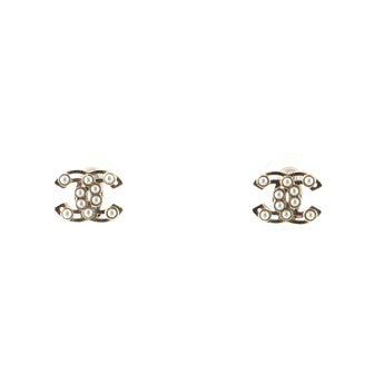 Chanel CC Stud Earrings Metal with Faux Pearls