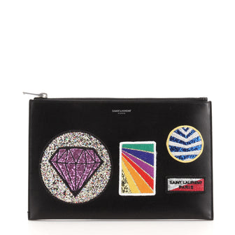 Saint Laurent Zip Pouch Patch Embellished Leather Small