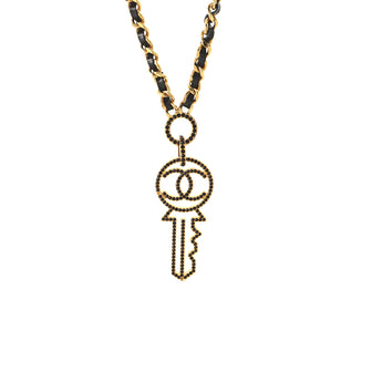 Chanel CC Key Pendant Necklace Metal and Leather with Crystals
