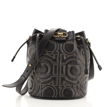 Salvatore Ferragamo Mufasa Bucket Bag Studded Embossed Leather Medium