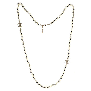Chanel CC Pearl Ribbon Long Necklace Faux Pearls and Metal