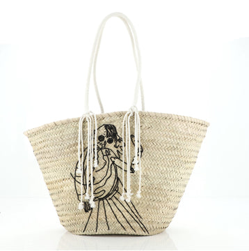 Celine Classic Panier Basket Tote Embroidered Raffia Large