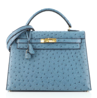 Hermes Kelly Handbag Blue Ostrich with Gold Hardware 32