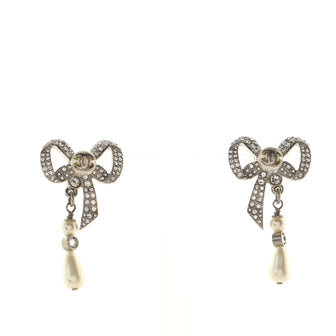 Chanel CC Bow Drop Dangling Earrings Metal with Crystals and Faux Pearls