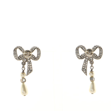 Chanel CC Bow Drop Dangling Earrings Metal with Crystals and Faux Pearls