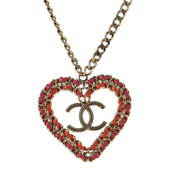 Chanel CC Woven Chain Heart Pendant Necklace Metal and Leather