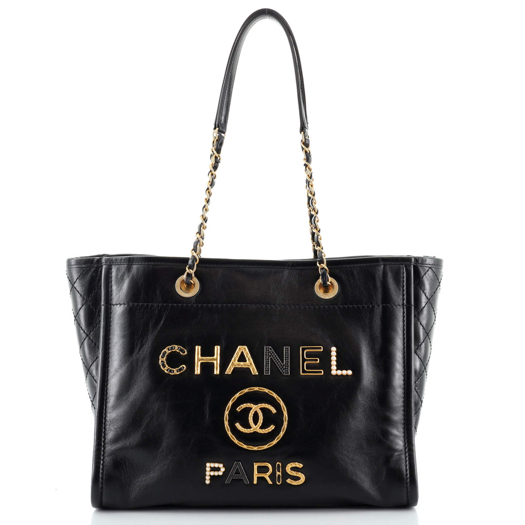 Chanel Logo Charms Deauville Tote Quilted Calfskin Small Black 8167050