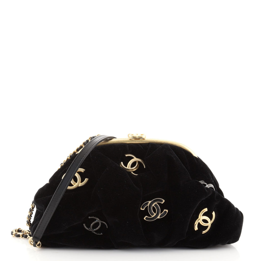 Chanel CC Chain Dome Frame Clutch Embellished Velvet Black 817621