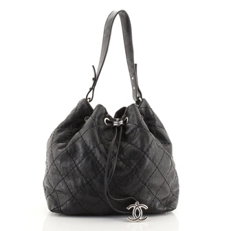 Chanel On the Road Drawstring Bucket Bag Quilted Glazed Leather