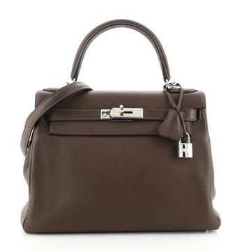 Hermes Kelly Handbag Brown Clemence with Palladium Hardware 28