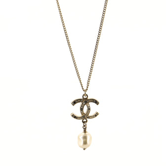 Chanel CC Pearl Drop Necklace Crystal Embellished Metal