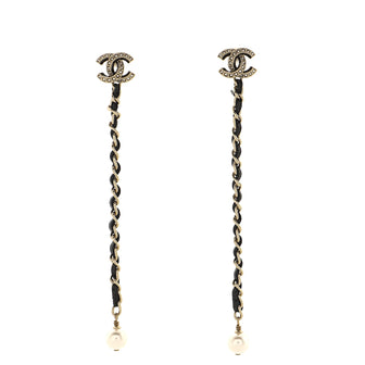 Chanel CC Chain Drop Earrings Metal with Leather and Faux Pearls
