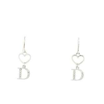 Christian Dior Vintage Heart D Dangling Earrings Metal with Rhinestones
