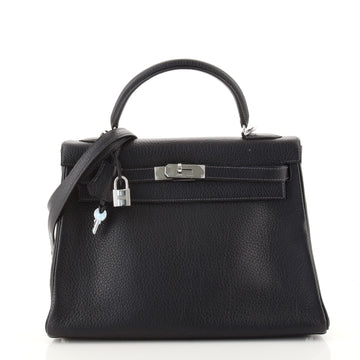 Hermes Kelly Handbag Blue Clemence with Palladium Hardware 32