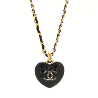 Chanel CC Heart Pendant Chain Necklace Metal with Leather, Resin and Crystals
