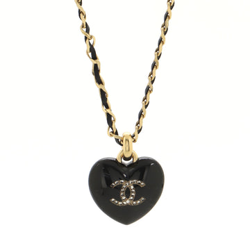 Chanel CC Heart Pendant Chain Necklace Metal with Leather, Resin and Crystals
