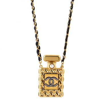 Chanel CC Perfume Bottle Pendant Chain Long Necklace Metal with Leather, Crystals and Faux Pearl