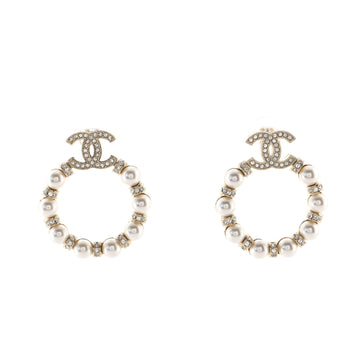 Chanel CC Circle Hoop Earrings Metal with Faux Pearls and Crystals