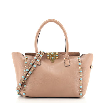 Valentino Rolling Rockstud Tote Leather with Cabochons Small