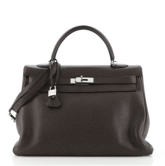 Hermes Kelly Handbag Brown Clemence with Palladium Hardware 35